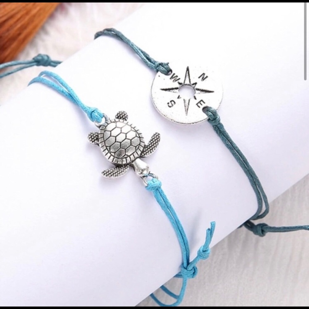 anklet set 2pc blue string turtle compass trend - Picture 2 of 6